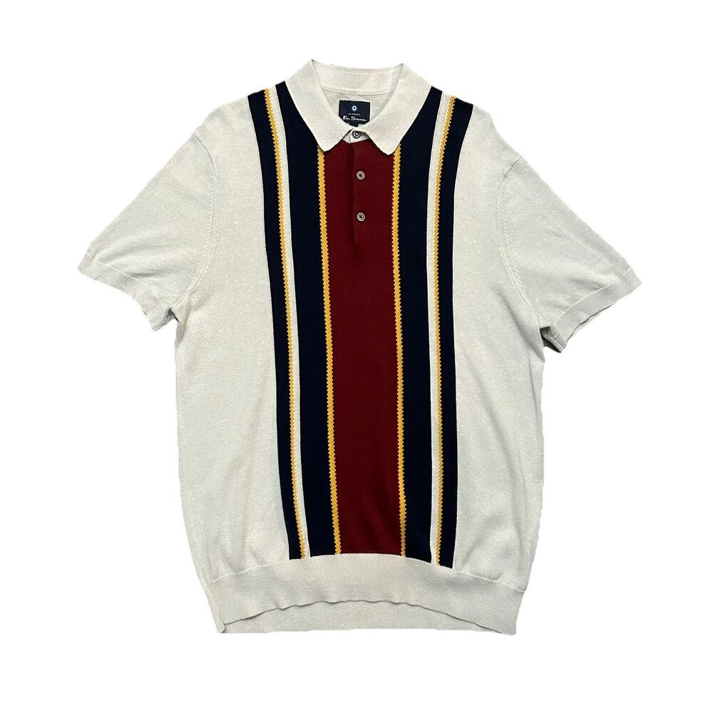 Ben Sherman Ivory Mod Stripe Knitted Polo Retro 60s Indie Knit Shirt Men's Large